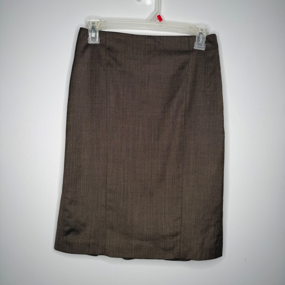 Ann Taylor Pencil Skirt Women 2P Brown Herringbone Wool Blend Petite Flared Hem